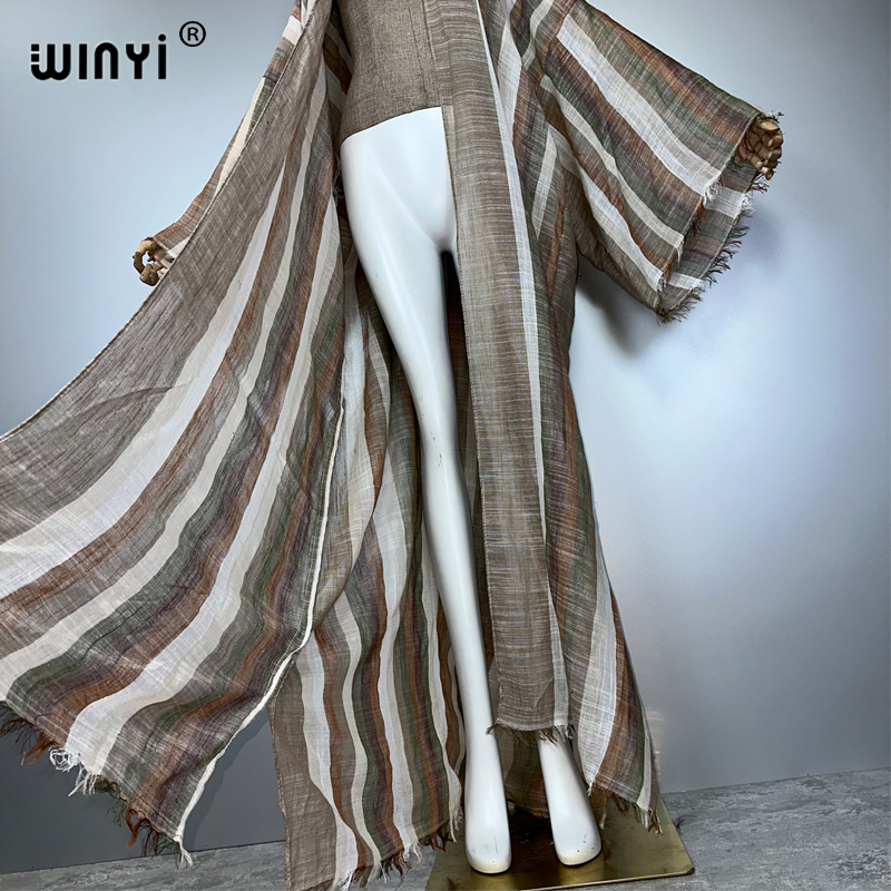 WINYI Kimono Bohème Kaftan Vêtement de Plage Cardigan Rayé Robe de Soirée Abaya Dubaï Tenue de Plage de Luxe Robe Maxi Femme