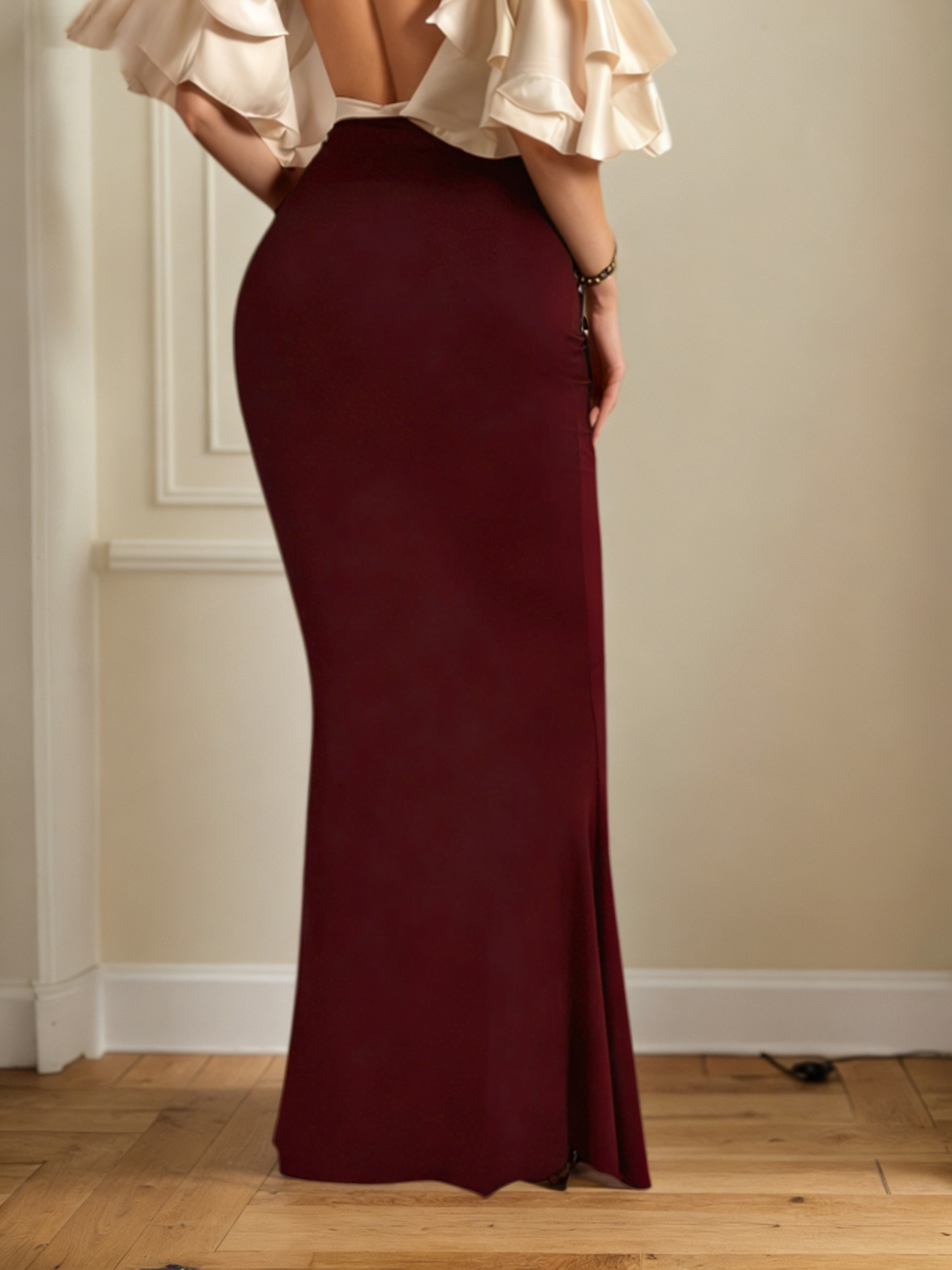Jupe longue sirène à taille haute pour femmes, jupe moulante à taille en V plissée, longueur au sol, élégante pour soirée ou fête