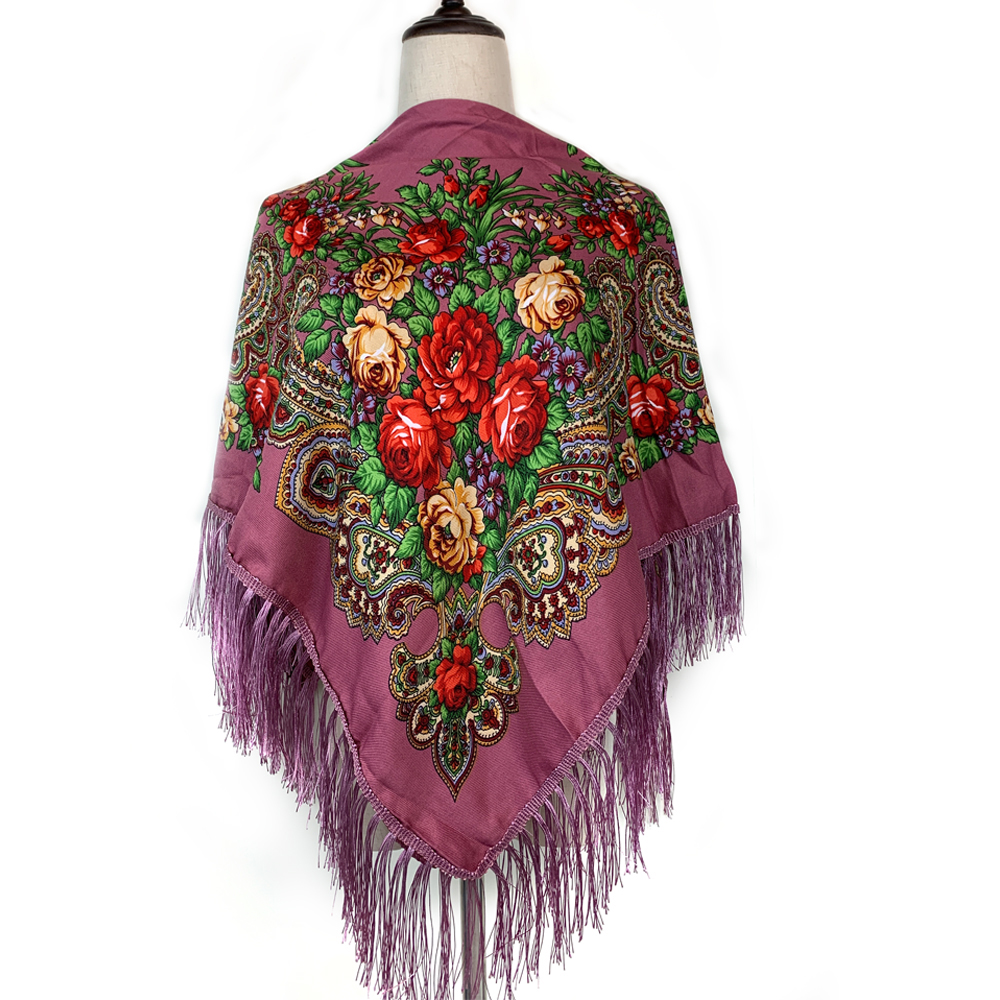 Foulard carré russe imprimé Floral de luxe pour femmes, châle traditionnel ukrainien à franges, Bandana Babushka, 115x115cm