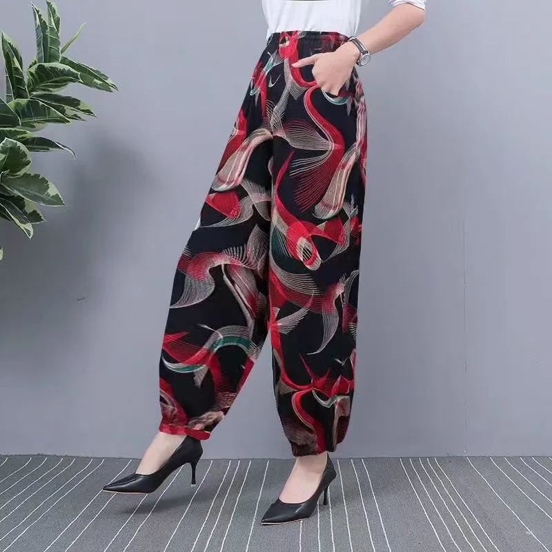 Pantalon en soie glacée pour femmes, sarouel fin, taille haute, élastique, mode imprimée, décontracté, jambes larges, nouvelle collection été 2024
