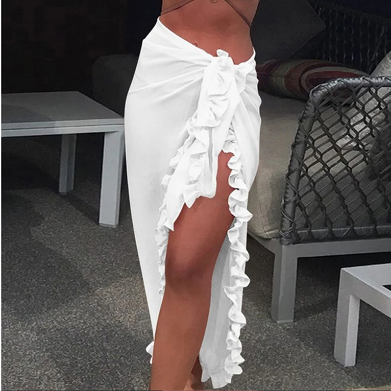 Robe de plage décontractée en mousseline transparente pour femme, paréo, sarong, écharpe de plage, cache-maillot de bain, à volants, couleur unie