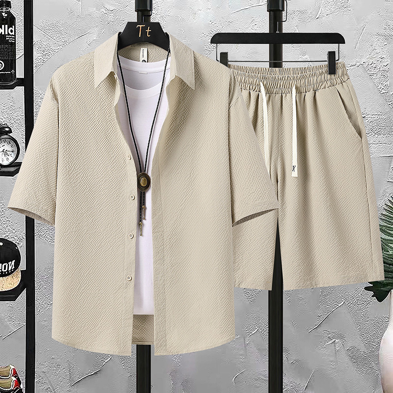 【Chemise + pantalon 5 points】Ensemble chemise à manches courtes pour hommes, mode d'été, couleur unie, en seersucker, ensemble deux pièces ample, simple et polyvalent