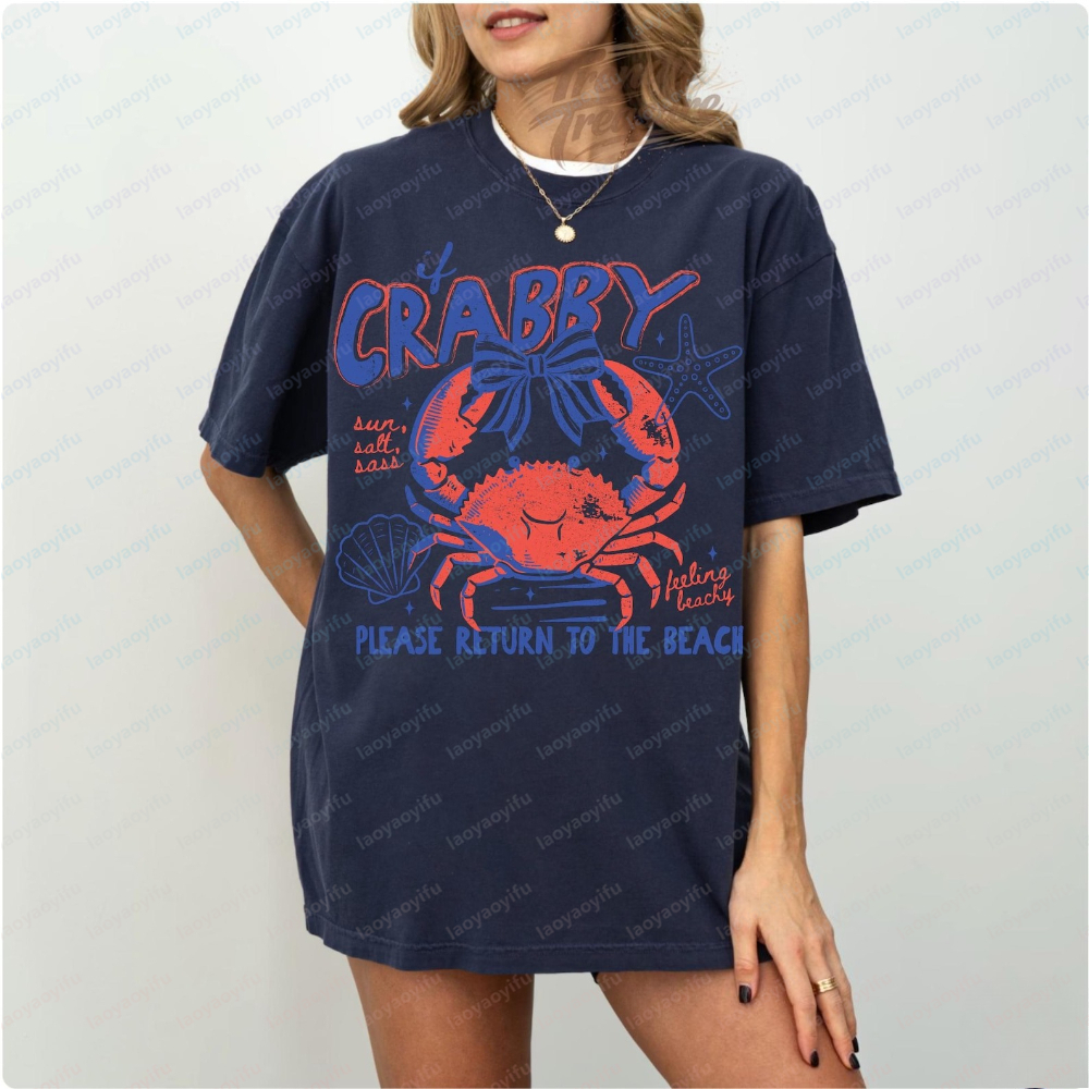 T-shirt Crab Beach, humoristique, pour les vacances en bord de mer, vêtements d'été sur le thème de la vie marine, vêtements pour femmes, t-shirts graphiques, t-shirts oversize, hauts