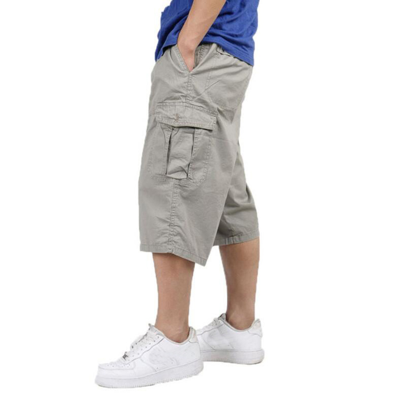 Pantalon ample en coton pour hommes, baggy cargo, longueur aux genoux, style décontracté, kaki, grandes tailles 3xl, 4xl, 5xl et 6xl