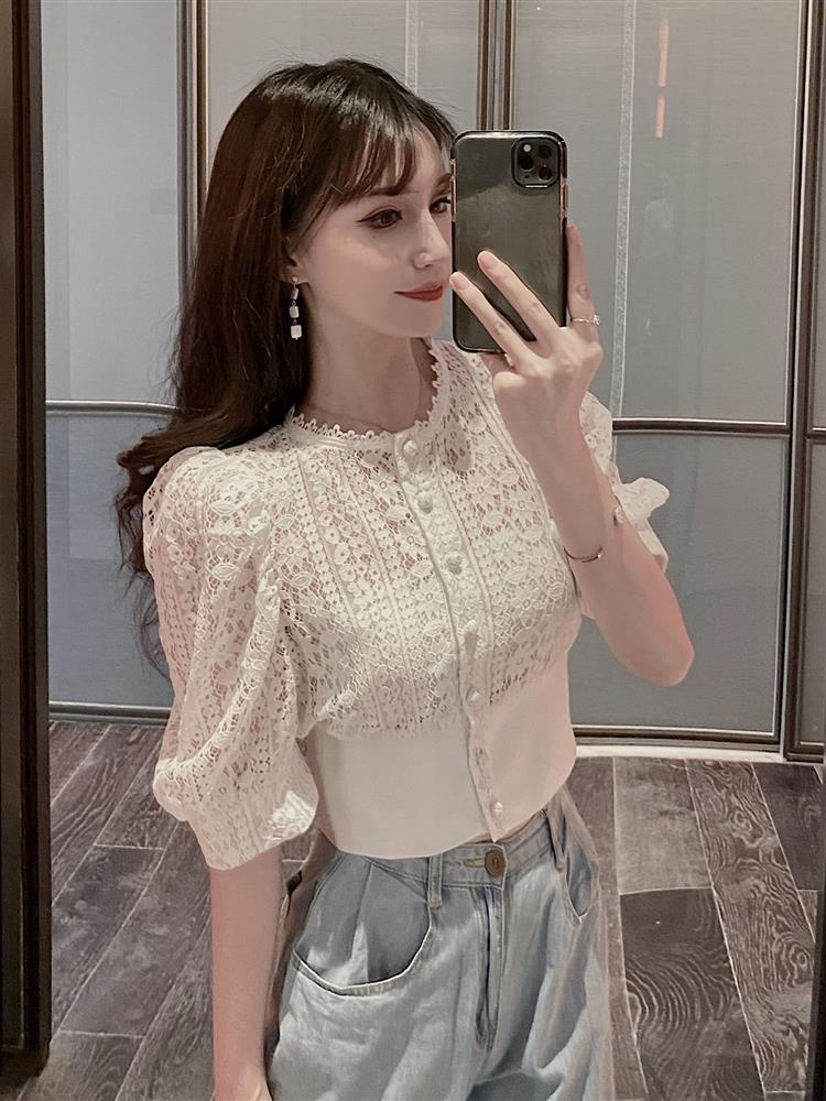 WoBjSweet-Chemisier en crochet pour femme, chemise évidée sexy, manches bouffantes vintage, chemises coréennes, mode chic, Y-Blusas