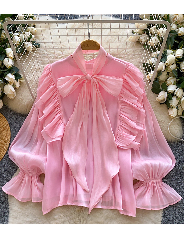 Chemisier élégant pour femme en mousseline avec nœud décoratif et ourlet à volants, pièce légère à superposer, collection Printemps-Été, Blusa Top BL341