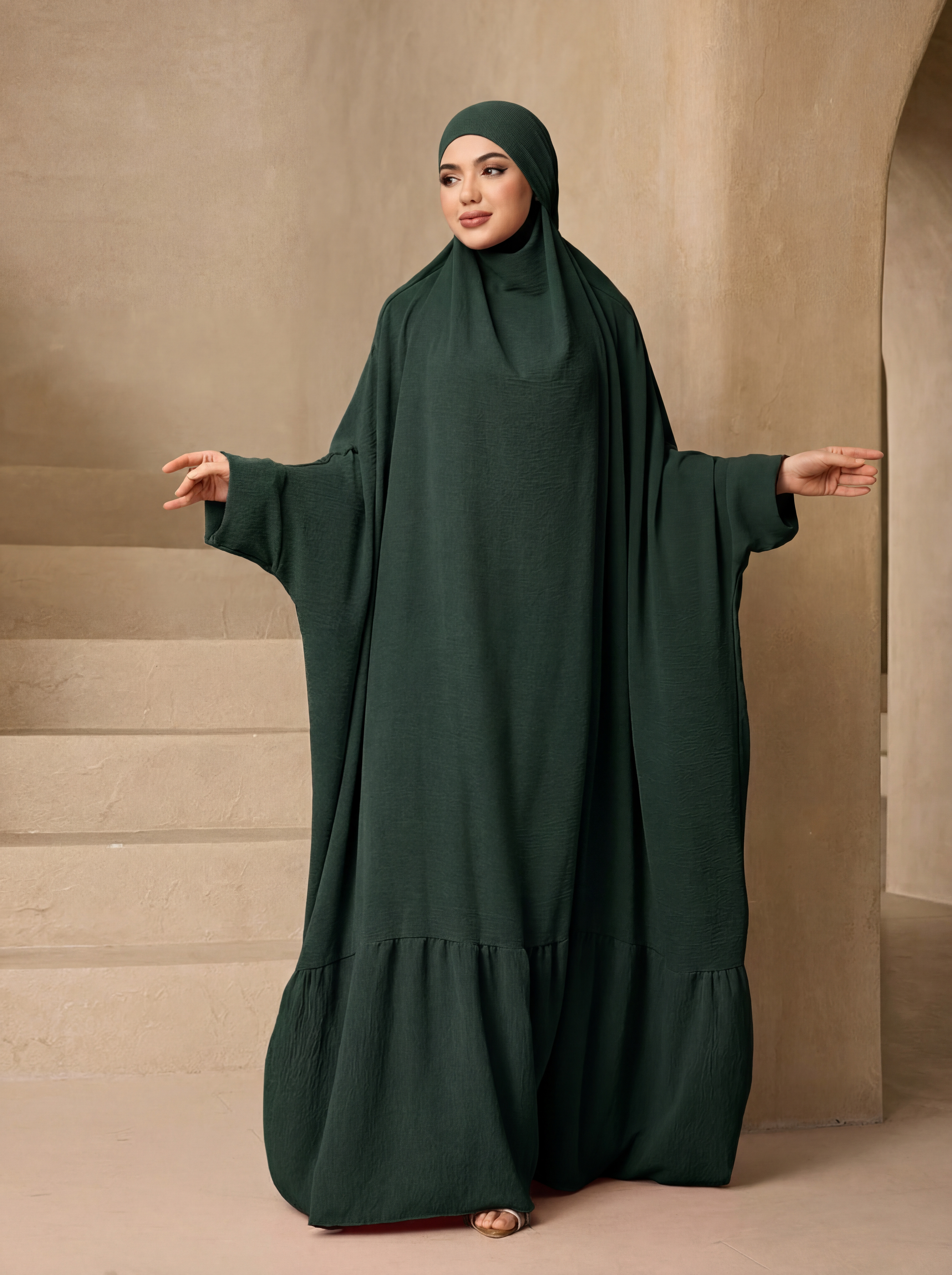 Abaya Jilbab une pièce à volants et manches chauve-souris, robe longue ample et modeste pour la prière, tenue religieuse quotidienne pour femmes musulmanes, idéale pour l'Aïd