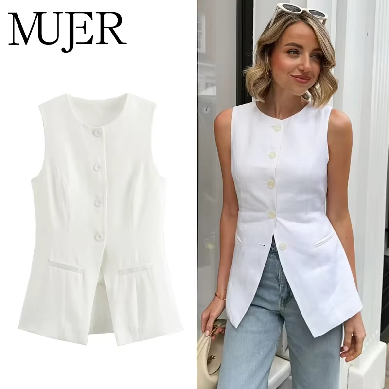 MUJER 2025 blanc gilet sans manches femmes bouton gilets d'été pour femmes veste rose gilet haut femmes Streetwear femmes gilet sur mesure