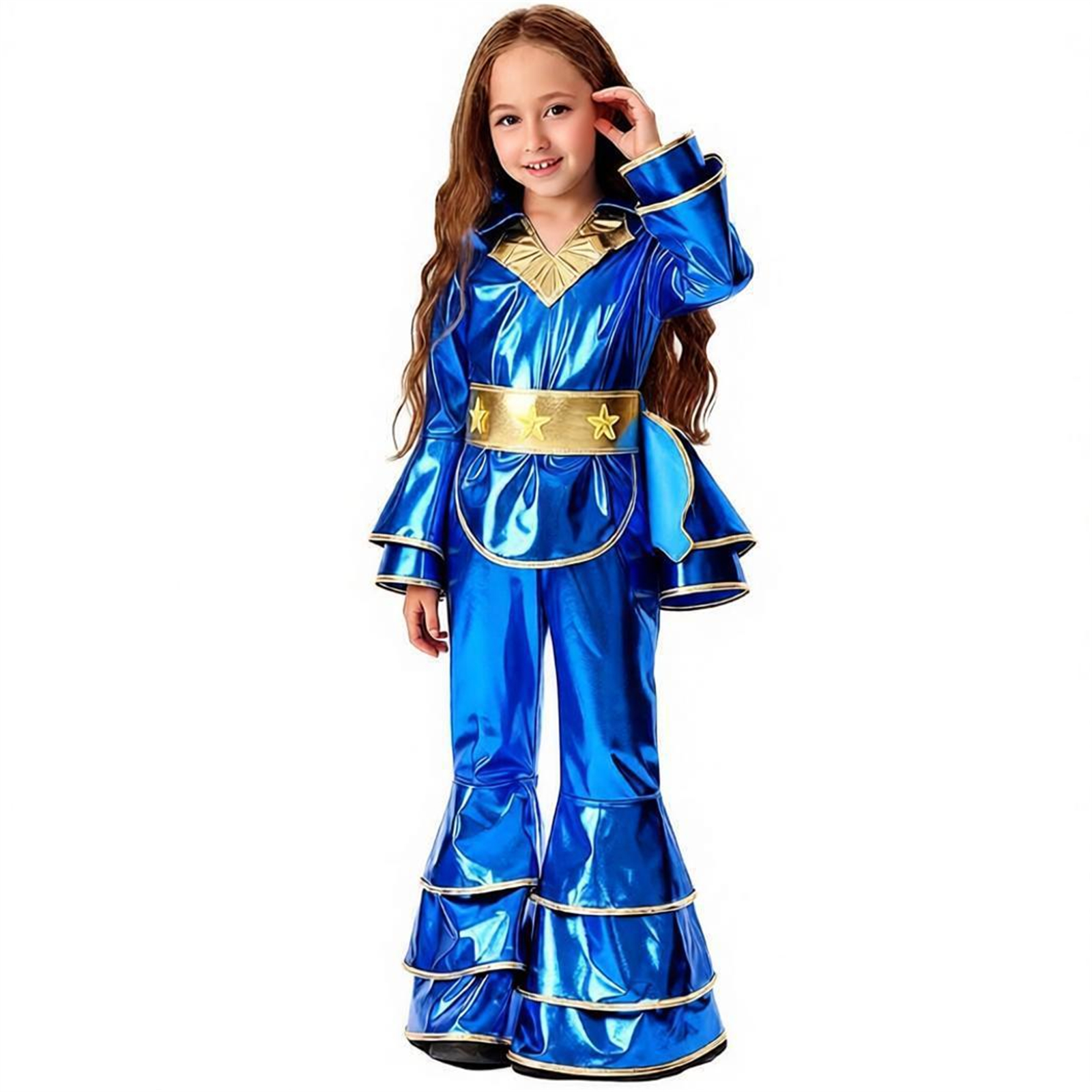 Tenues de danse hip-hop pour filles, costume disco bleu brillant, années 70, années 80, hippie, haut à manches cloche bleu, pantalon évasé, tenue d'Halloween