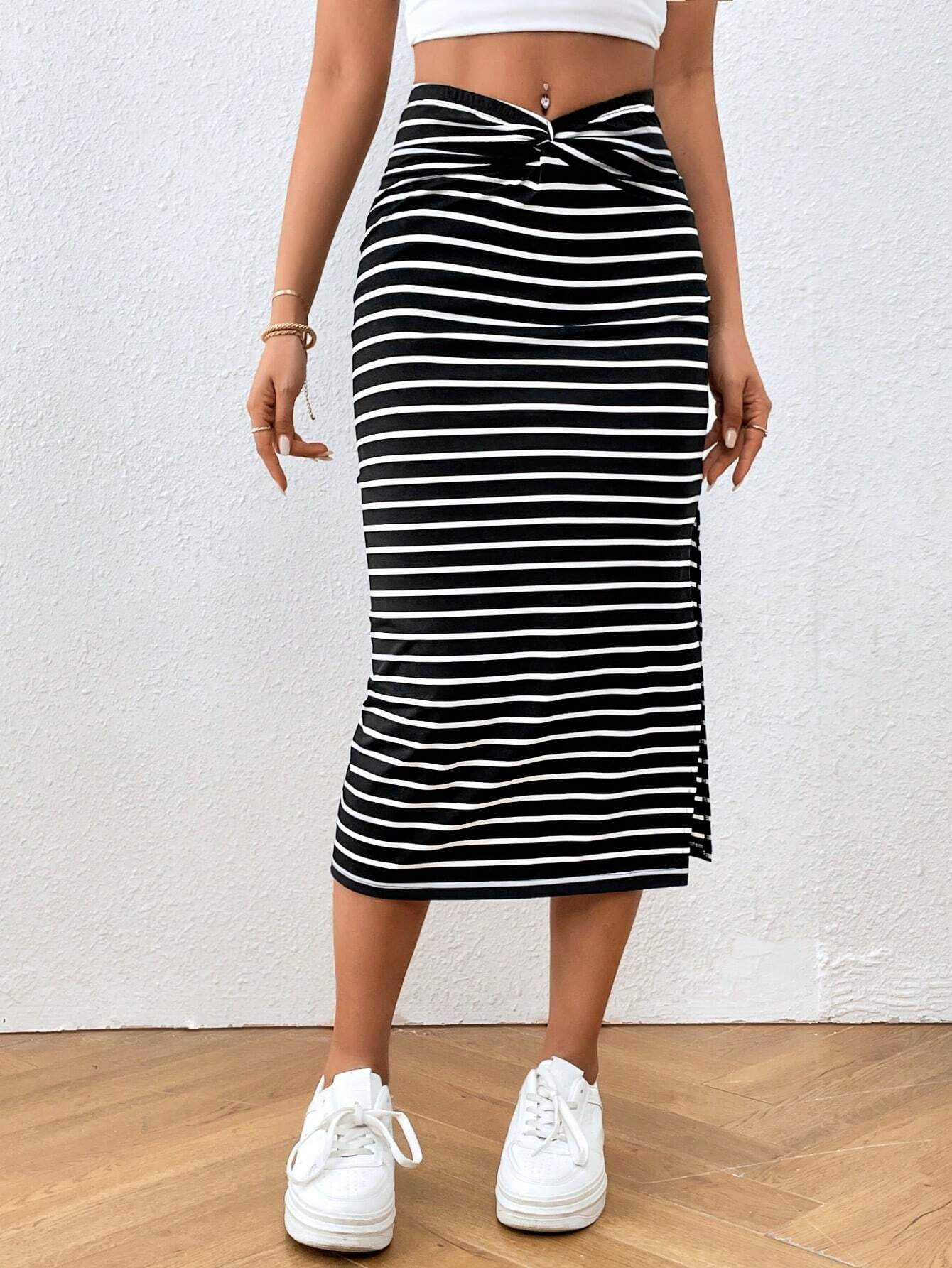 Jupe midi fendue à taille nouée rayée pour femme