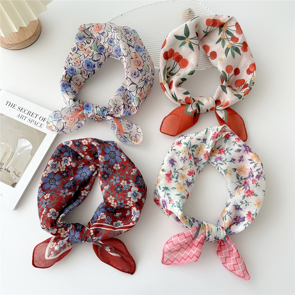 Foulard carré en coton et lin de 55 cm pour femmes, style coréen chic, bandeau décoratif tendance, foulard floral pour le cou, idéal printemps-été