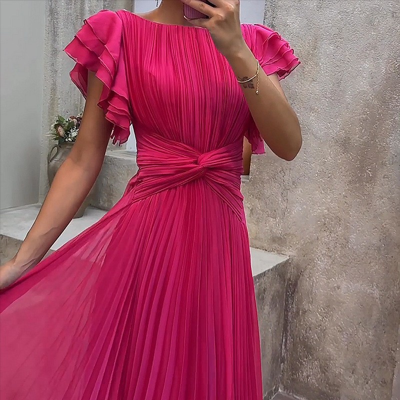 Robe de soirée élégante pour invitées de mariage, longue, coupe trapèze, à manches courtes, plissée, épaules dénudées, maxi, rose fuchsia uni