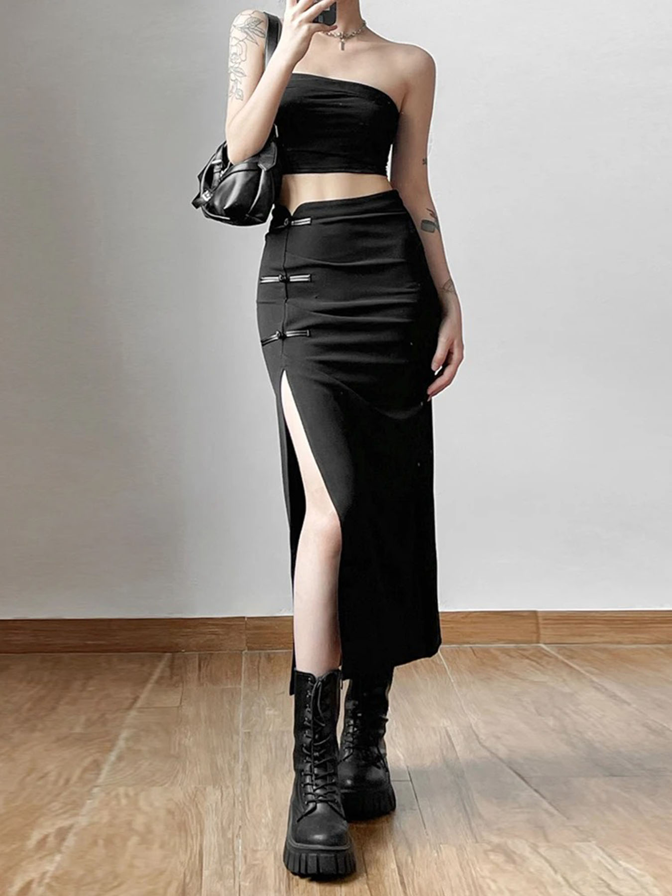 Jupe noire Sexy fendue, Simple, décontractée, assortie avec tout, pour sortie de rue, Cool, Mature, vitalité, personnalité, tendance, jupe basique pour femmes