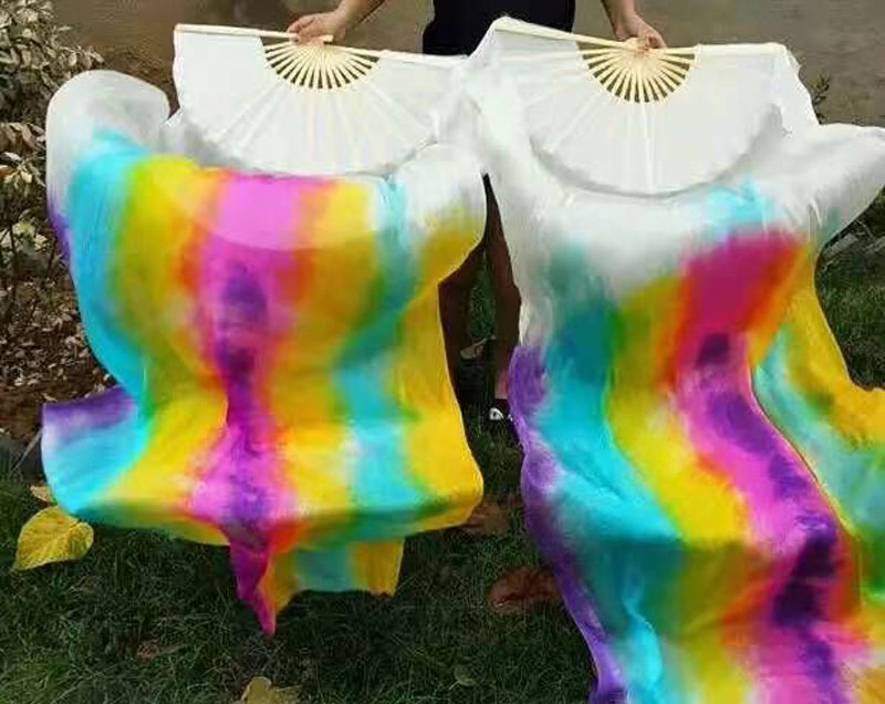 Voiles d'éventail en soie 100% véritable pour danse du ventre, 1 paire/2 pièces, voile d'éventail en soie teint par nouage pour spectacle sur scène, éventail d'entraînement pour filles adultes