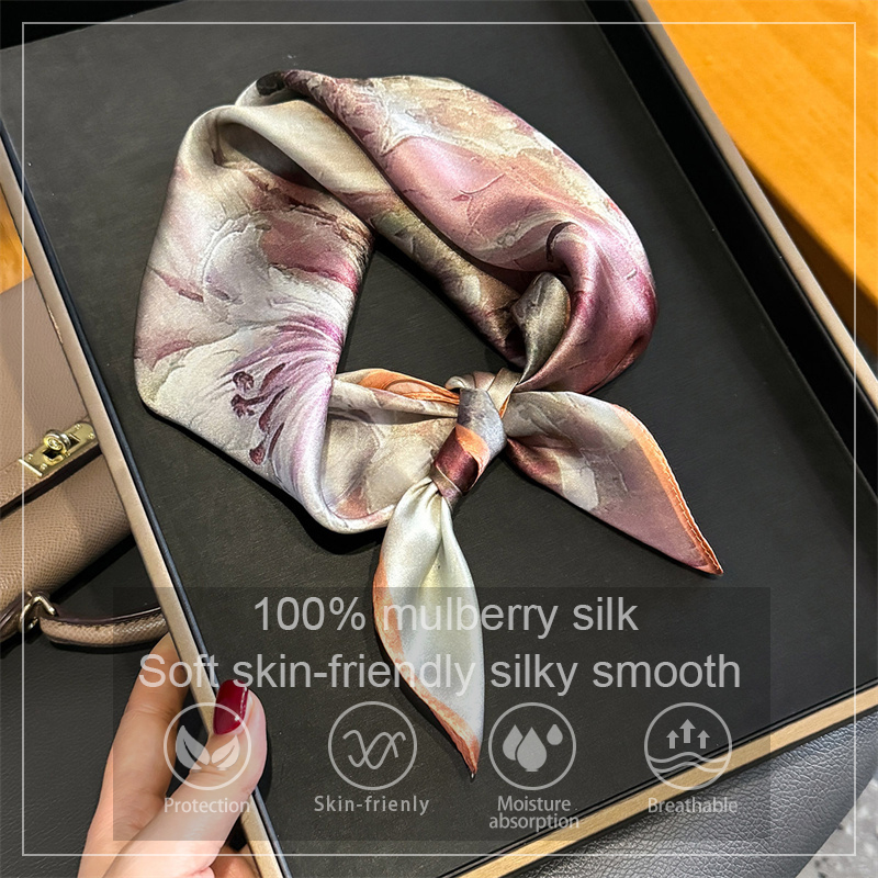 Foulard carré en soie 100% imprimé floral pour femme, foulard enveloppant, Bandana en soie de mûrier, bandeau de luxe à la mode, Hijab