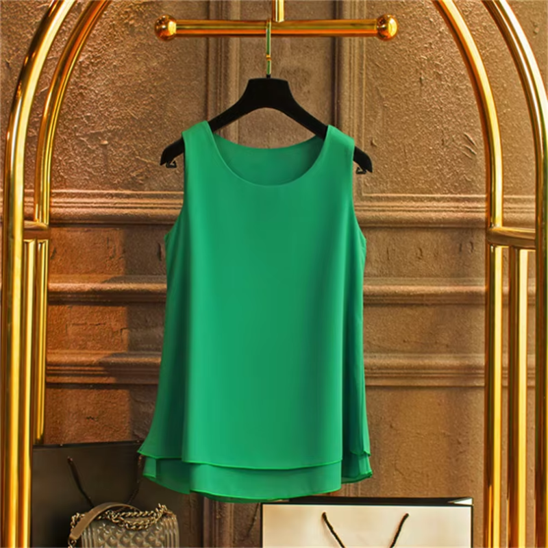 Débardeur Femme Blanc Bleu Rouge en Chiffon – Hauts d'Été Sans Manches Col Rond – Chemises et Gilets pour le Bureau – Vêtements Tendance Féminins