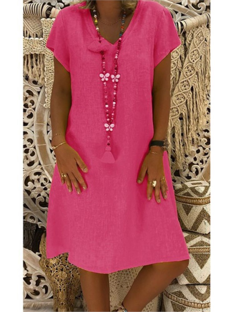Mode Boho coton lin robes femmes été 2024 col en v à manches courtes Midi décontracté robe ample femme robe de rue robes