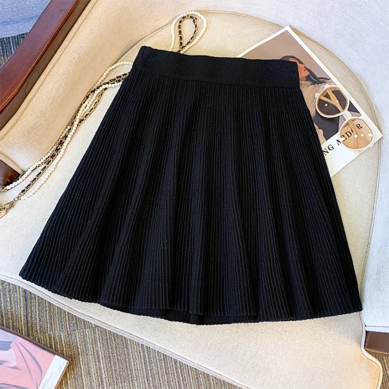 Jupes plissées en tricot pour femmes, couleur unie, décontractées, polyvalentes, basiques, coupe trapèze, automne-hiver, taille haute élastique, jupe courte