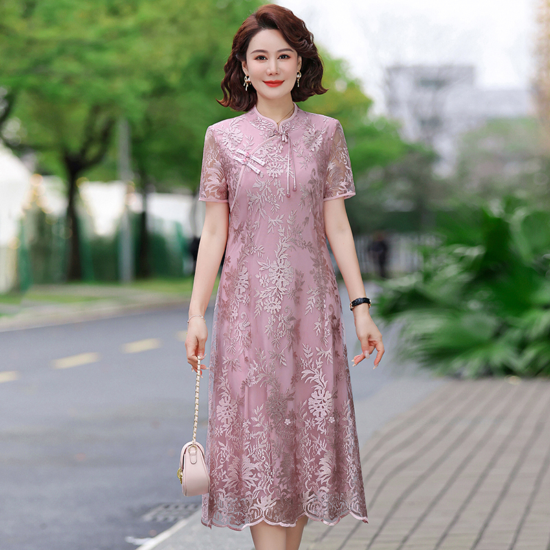 Robe Vintage à manches courtes pour femmes, vêtements de Style chinois pour mères d'âge moyen, robes longues au genou, robe de Banquet de mariage