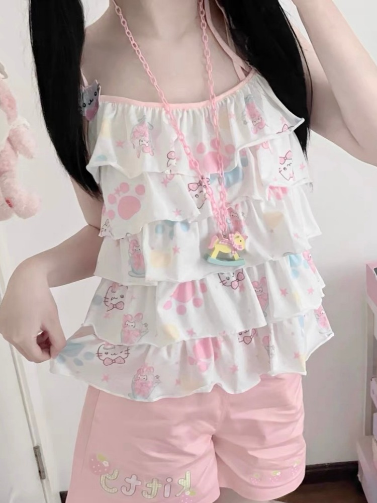 Débardeur Bandage brodé japonais Kawaii pour femmes, Y2k, esthétique, imprimé chat de dessin animé, mignon, Harajuku, Camisoles brodées à volants