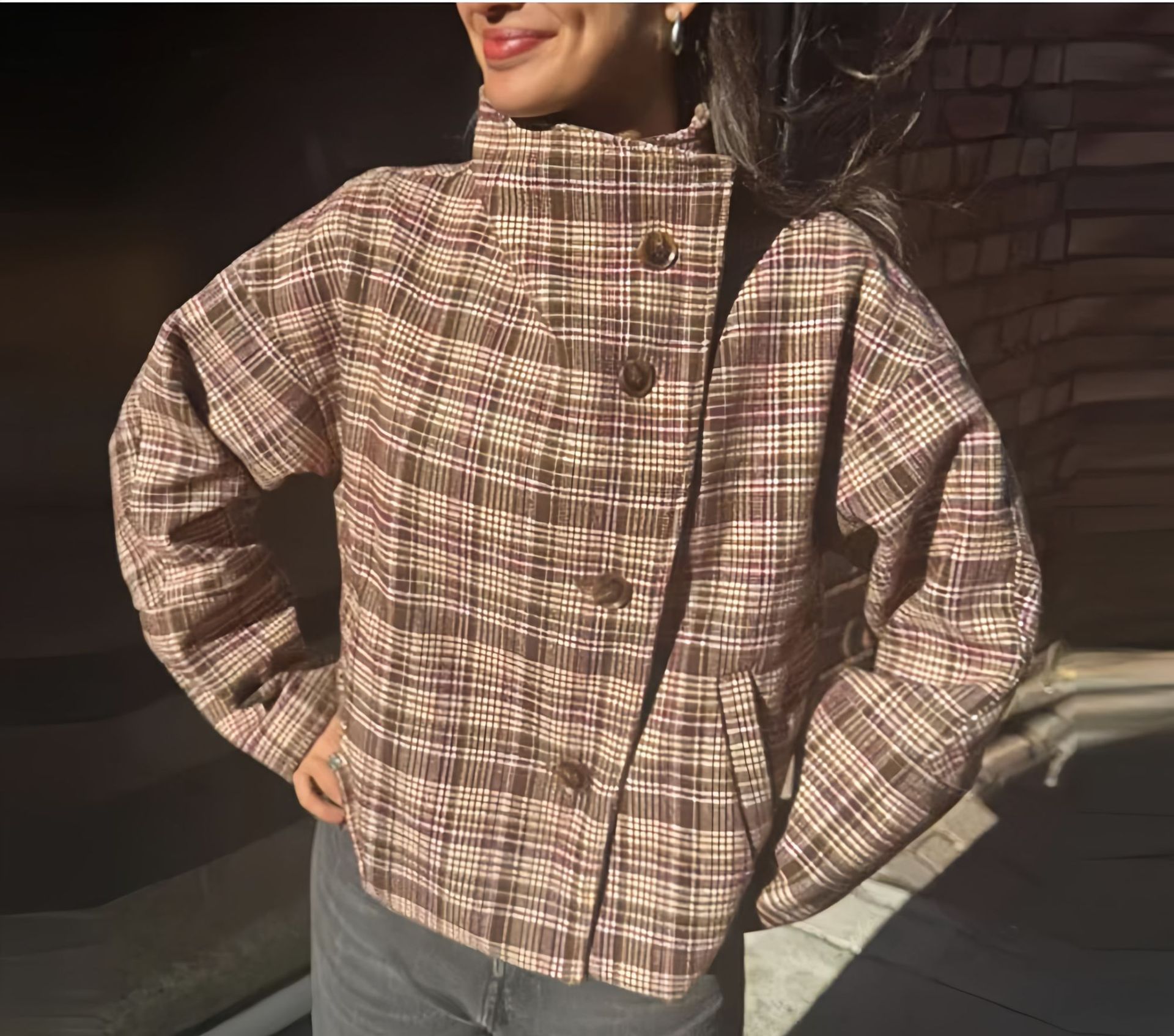 Manteau court à carreaux pour femmes, avec col montant et boutons, à la mode, nouvelle collection 2025