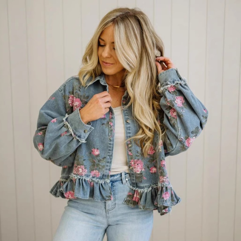 Blouse Chemise Veste Femme Vintage en Denim Délavé Imprimé Floral Coupe Ample Manches Longues Décontractée Tendance Polyvalente Créateur