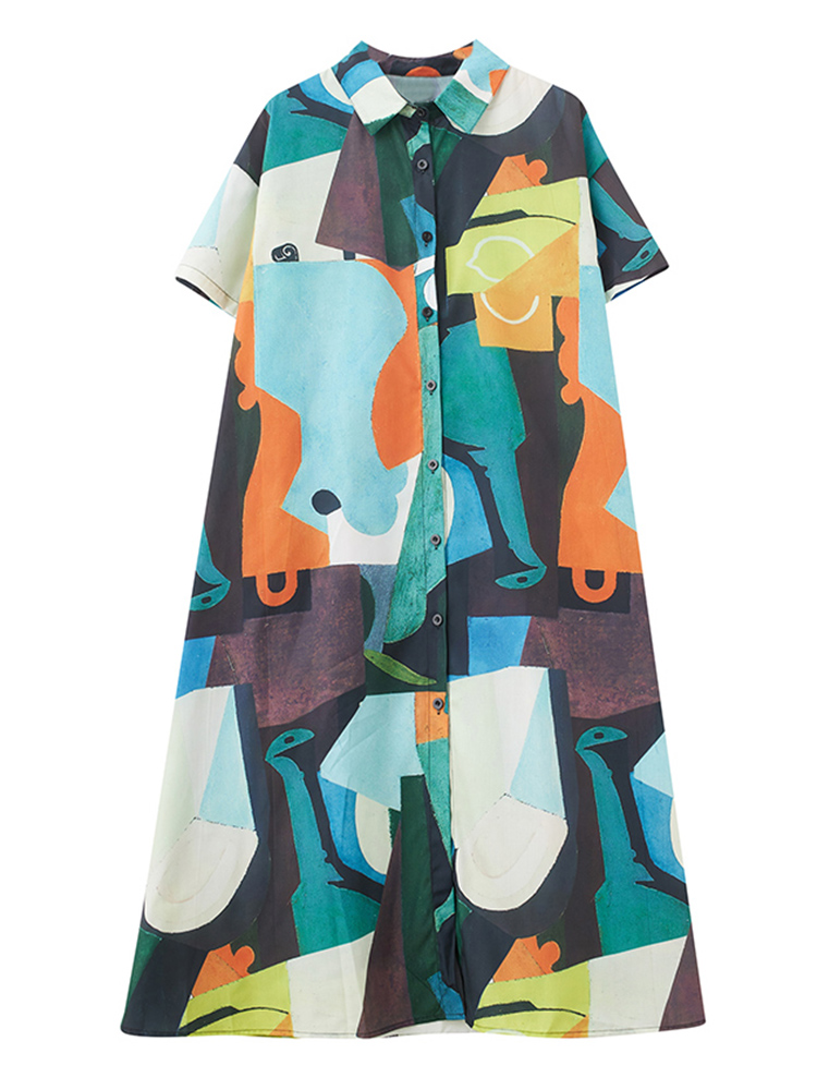 Nouvelles Robes Chemises Imprimées Vintage Été 2026 pour Femmes – Robe Midi Décontractée Ample à Manches Courtes – Vêtements Élégants et Tendance