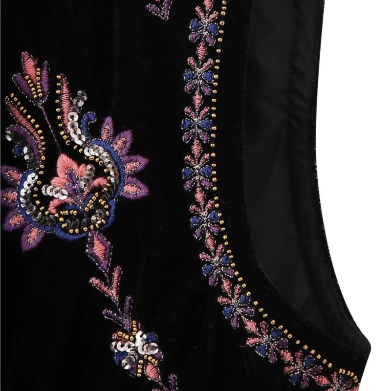 Gilet ouvert en velours pour femme, broderie de fleurs, perles ethniques, paillettes, veste en velours, vacances, 2023