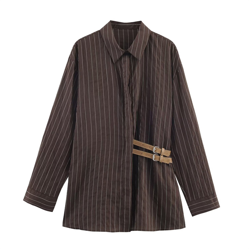Chemise femme 2025 hiver nouveau Style chemise à manches longues rayée marron rougeâtre avec décor de boutons coupe ample élégant et Unique