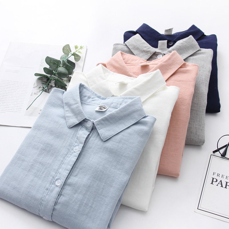Femmes Blouses nouvelle mode à manches longues confortable bureau chemise coton fil décontracté hauts Blusas Femininas couleur unie