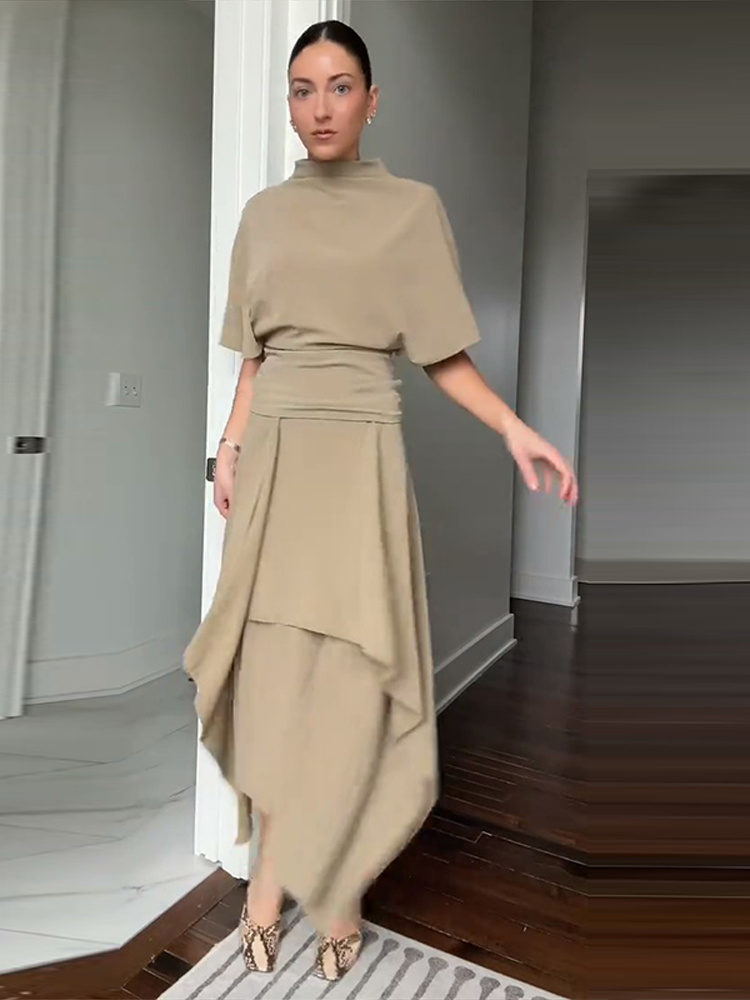 Ensemble élégant chemise asymétrique et jupe pour femme – Chemises unies à manches courtes et col rond, jupes longues taille haute – Tendance automne, costume d'été