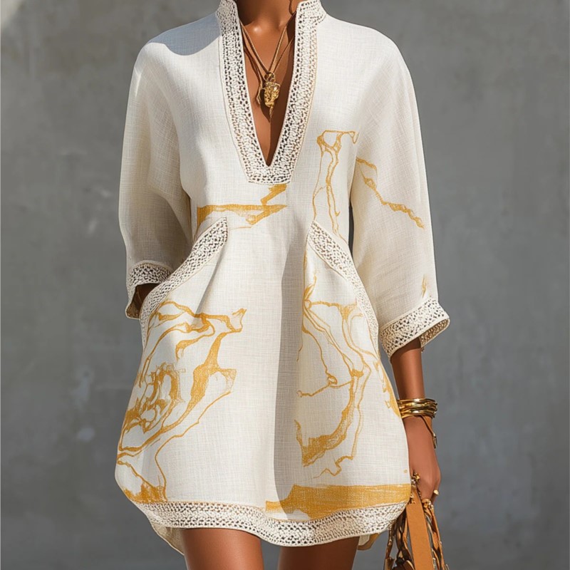 Robe courte bohème à imprimé abstrait pour femme, col en V évidé, manches 3/4, tunique ample, robe de vacances avec poches