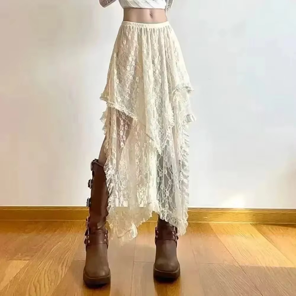 Jupe asymétrique irrégulière en dentelle pour femmes, Sexy, Fairycore, Vintage, Y2K, style Boho, taille haute, mi-jupes, tenues de vacances pour dames