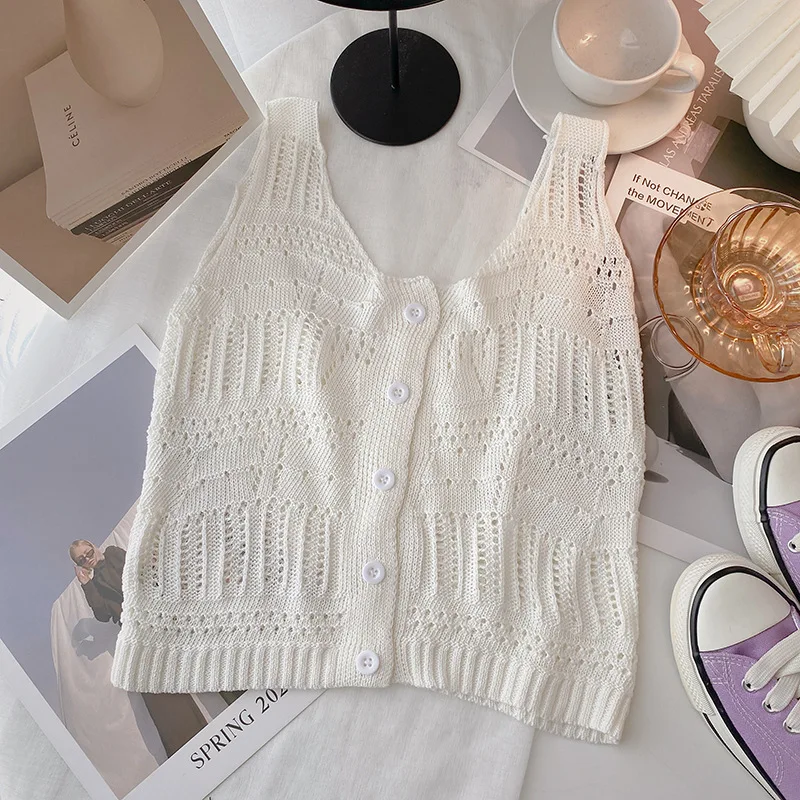 Haut en tricot crocheté pour femmes, vêtements de plage Boho, haut court en fibre à boutons sur le devant, tenue de printemps et d'été pour femmes