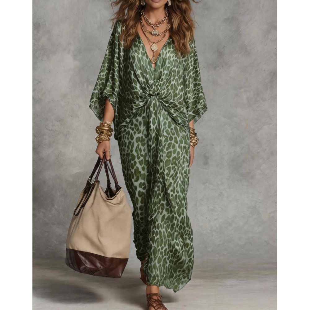Robe élégante pour femme à imprimé léopard, col en V profond, décontractée, à manches chauve-souris 7/8, pour le printemps et l'automne, idéale pour les vacances