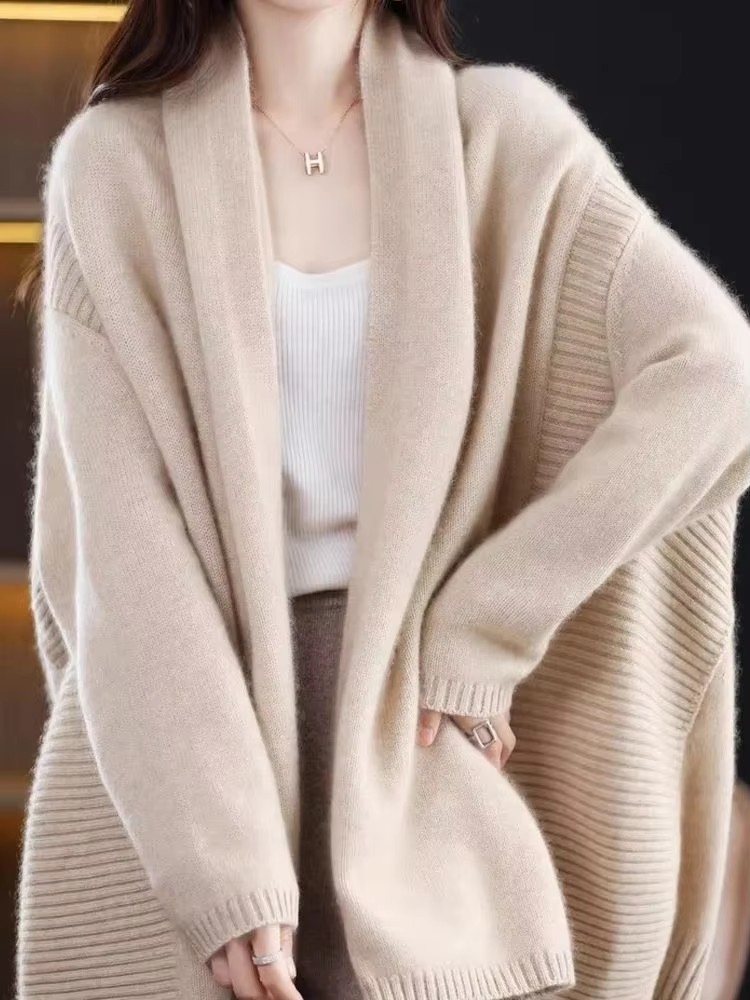 Cardigan châle en tricot pour femme, 100% laine, cardigan épais doux, manteau monochrome, mode décontractée, automne et hiver, document chaud