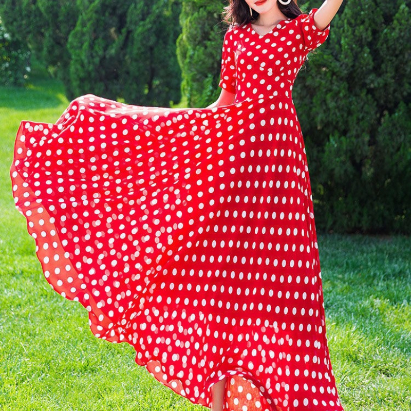 Robe longue en mousseline de soie à pois rouges pour femmes, nouvelle collection été, style bohème, pour les vacances à la plage, robe élégante pour femmes