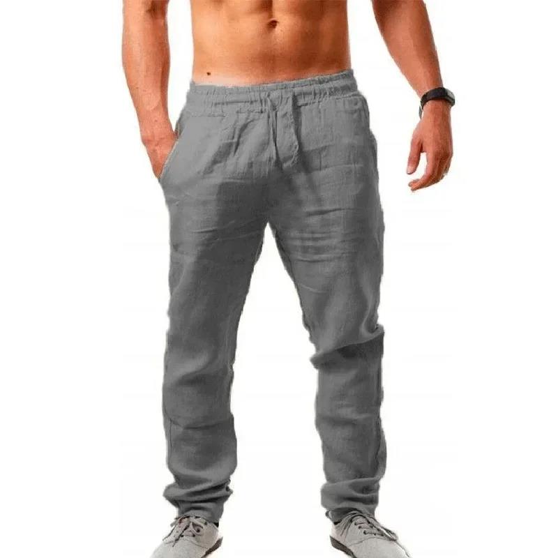 Pantalon Homme en Coton et Lin, Joggers Décontractés, Taille Élastique Unie, Coupe Droite Ample, Sport, Course à Pied, Grande Taille, Vêtements pour Hommes