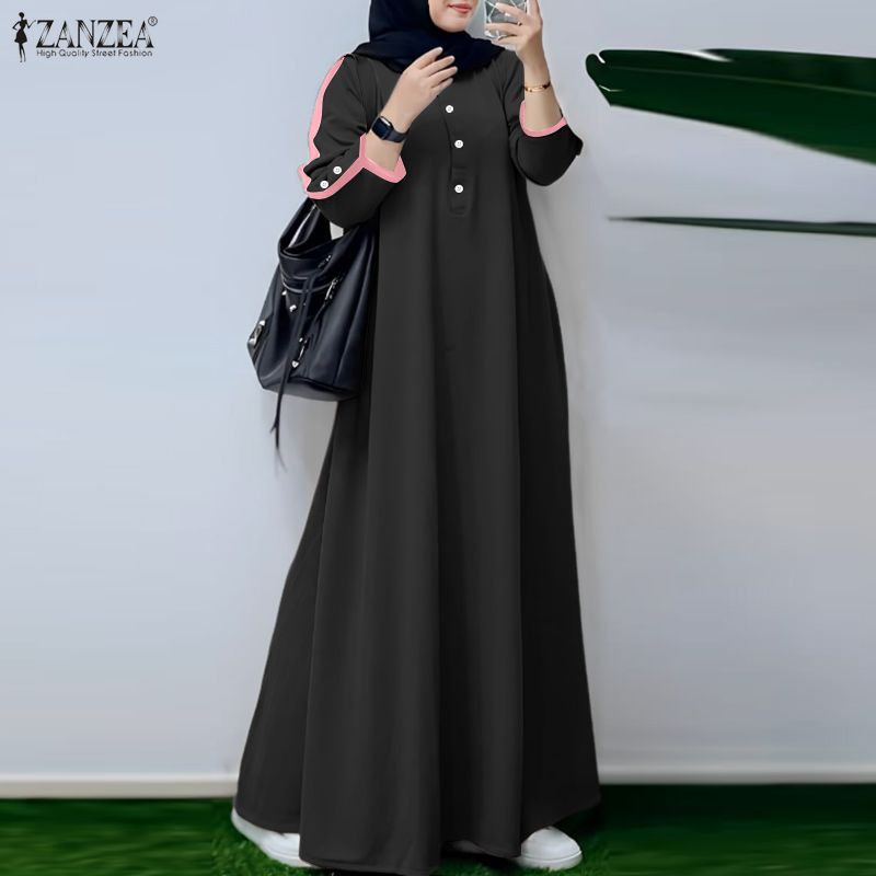 Robe Abaya Musulmane à la Mode 2026 ZANZEA Robe de Ramadan Robe Maxi Longue Printemps Femme Col Rond Manches Longues Robe d'été Kaftan Robes de l'Aïd
