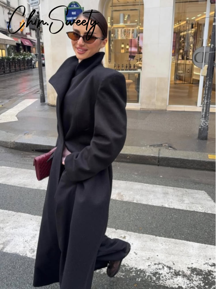 Manteau en laine élégant pour femmes, noir, simple bouton, col montant, Slim, longs manteaux, automne hiver 2021, Chic, Streetwear féminin, nouveau