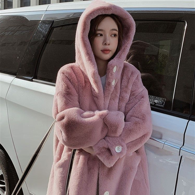 Manteau en fausse fourrure de lapin pour femme, pardessus à capuche, chaud, peluche, long, grande taille, optique, hiver, nouveau, 2021