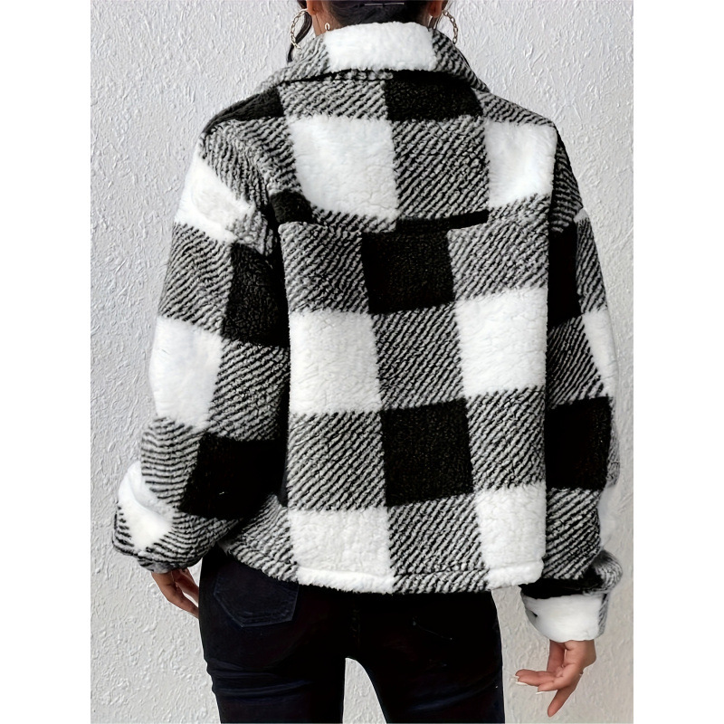 Veste femmes Plaid imprimé manteau en peluche automne hiver Vintage pardessus poches simple boutonnage col rabattu vêtements de dessus pour femmes
