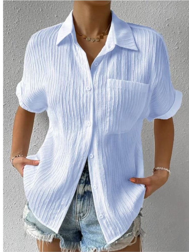 Chemisier de couleur unie pour femmes, chemises amples à manches courtes, col rabattu, vêtements coréens décontractés pour les déplacements, mode d'été