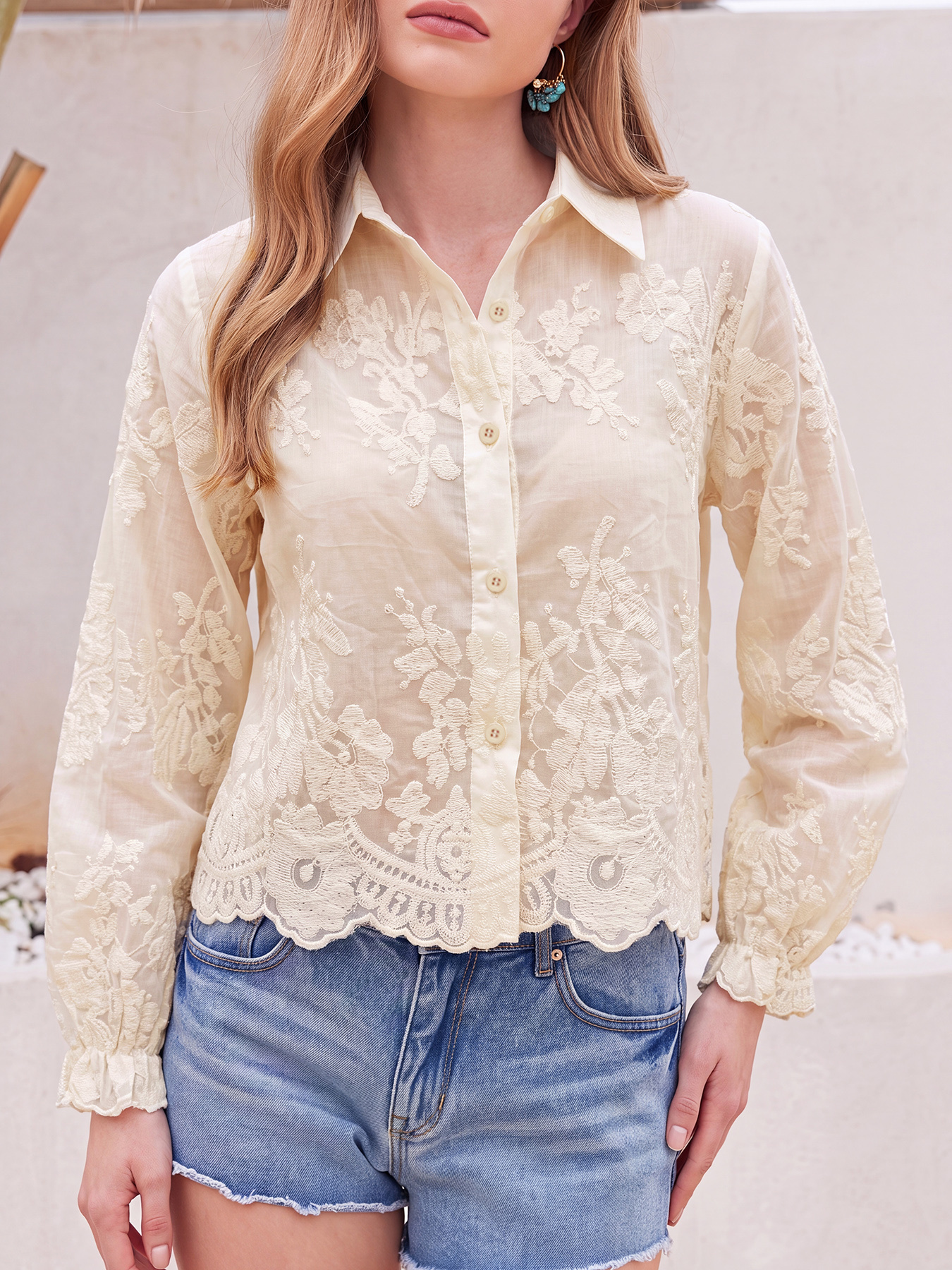 Chemise courte pour femme en coton 100% avec broderie florale 3D en dentelle