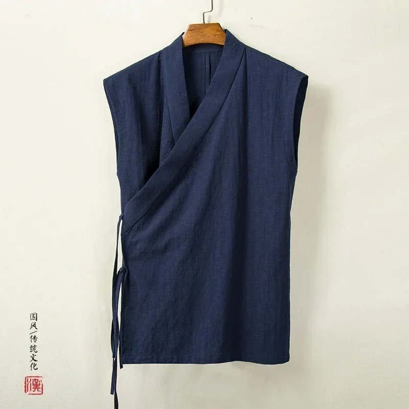 Vêtements traditionnels chinois Hanfu gilet hommes lin coton haut sans manches hommes Tang costume Kimono Cardigan