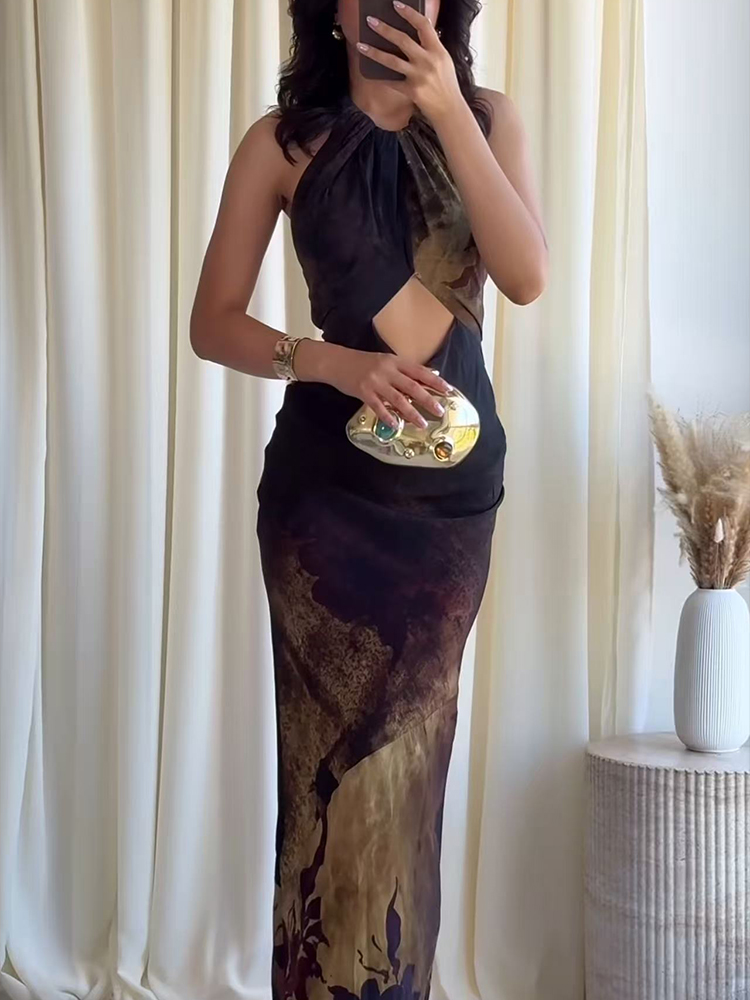 Robe longue élégante à col halter pour femme, design sexy avec découpes, robe de soirée chic dos nu, robe de bal vintage, tenue de soirée pour femme