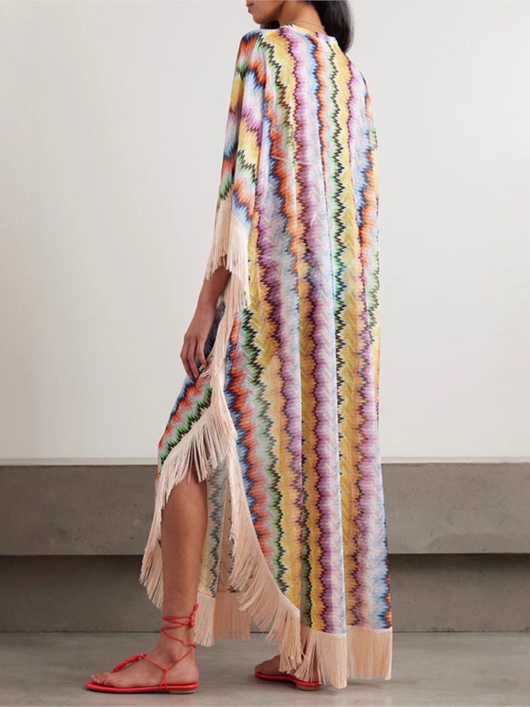 Robe longue style bohémien imprimé ondulé pour femmes, mode décontractée, Style vacances, col en v irrégulier, ample, pompon, Patchwork, robe de plage