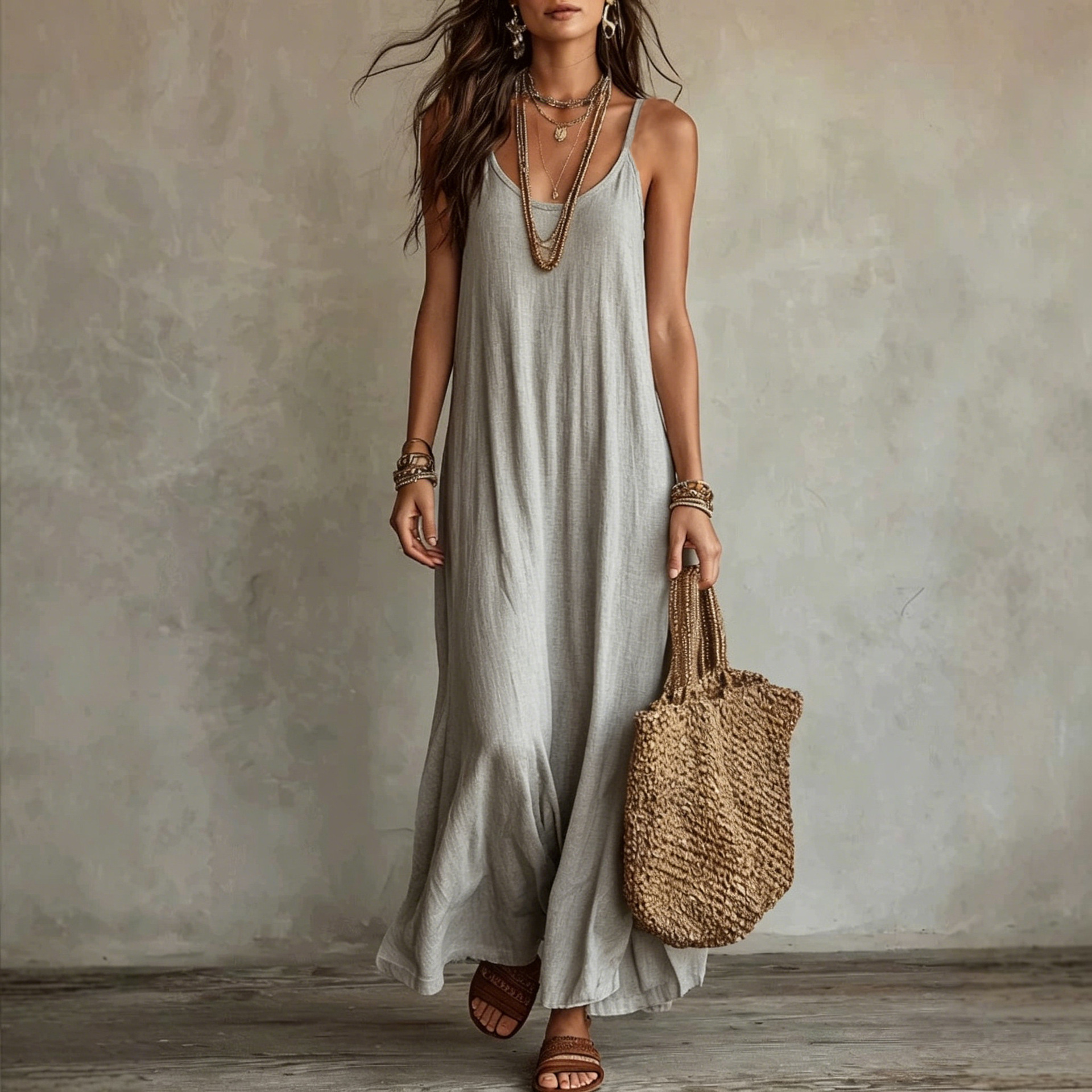 Robes Camisole Dos Nu pour Femme, Robe Bohème d'Été à Bretelles Fines, Robe Longue Décontractée, Robe de Plage pour les Vacances