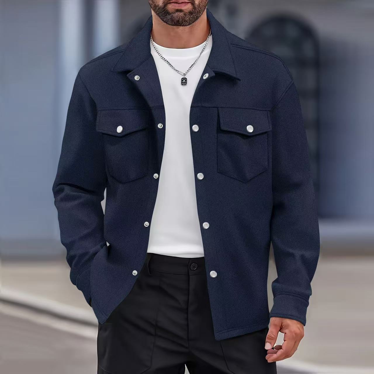 Veste chemise décontractée pour homme à col à revers, poches poitrine, manches longues, coupe ample, style streetwear