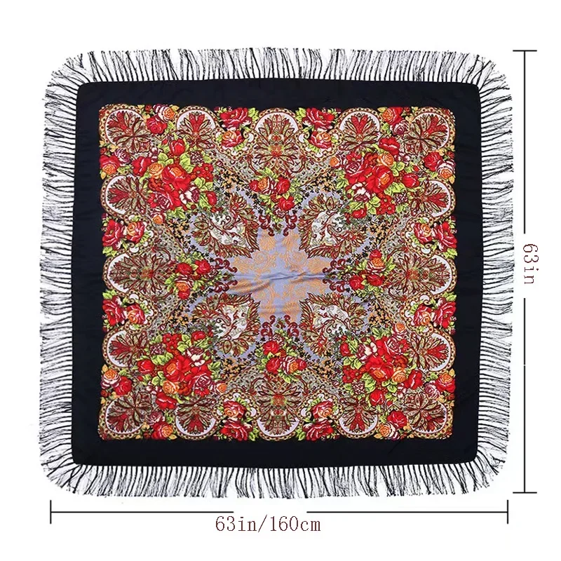160*160 cm ethnique grande écharpe carrée pour femme châles gland imprimé fleuri foulard Turban enveloppes russe Babushka Bandana couverture